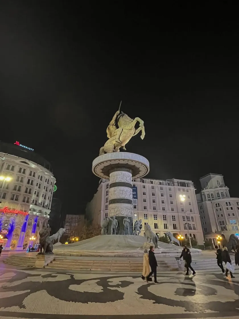 Alexander the Great on a rearing horse atop a tall column in Macedonia Square